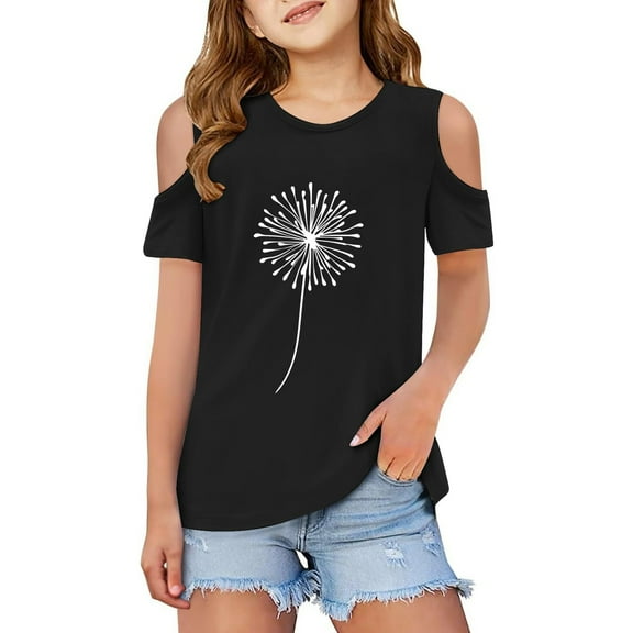WOYY Toddler Girls Cold Shoulder T Shirt Dandelion Print Short Sleeve T-Shirt, Sizes 3-12