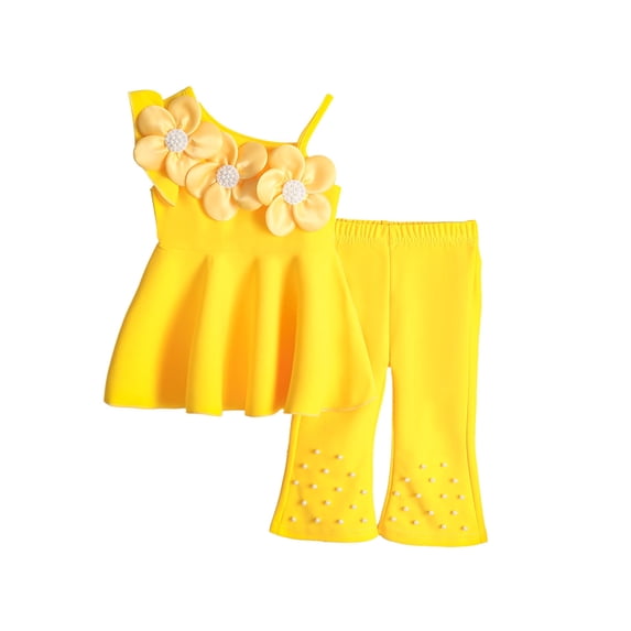 WOYY Toddler Girls Cotton Flower Sleeveless Top and Flared Pants Outfits, Sizes 0-3T