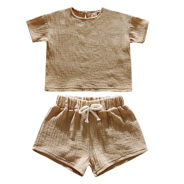 WOYY Toddler Girls Cotton Linen Outfits Short Sleeves T-Shirt & Shorts Set, Sizes 2-3T
