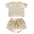thumbnail image 1 of WOYY Toddler Girls Summer Linen Outfits Solid Short Sleeve T Shirt with Shorts Set Fashion Kids Clothes, Sizes 2-3, 1 of 2