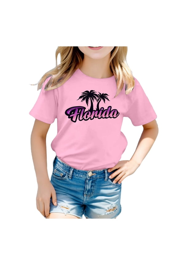 Toddler Girls Cotton T Shirt Florida Printed Short Sleeved Crew Neck T-Shirt Tee