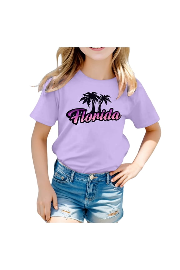 Toddler Girls Cotton T Shirt Florida Printed Short Sleeved Crew Neck T-Shirt Tee
