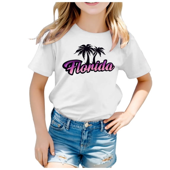 WOYY Toddler Girls Cotton T Shirt Florida Printed Short Sleeved Crew Neck T-Shirt Tee