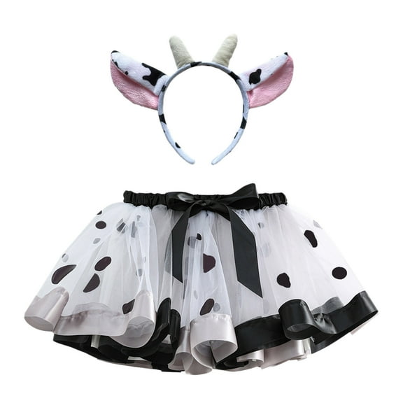 WOYY Toddler Girls Cow Tutu Skirt Holiday Party Dance Tulle Skirt Headband Set, Sizes 2-8