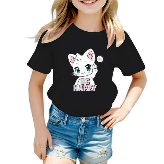 WOYY Toddler Girls Cute Graphic Tee Cartoon Cat Print Cotton Short Sleeve T-Shirt, Sizes 3-12