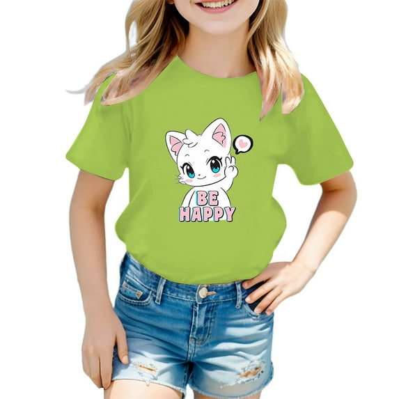 WOYY Toddler Girls Cute Graphic Tee Cartoon Cat Print Cotton Short Sleeve T-Shirt, Sizes 3-12