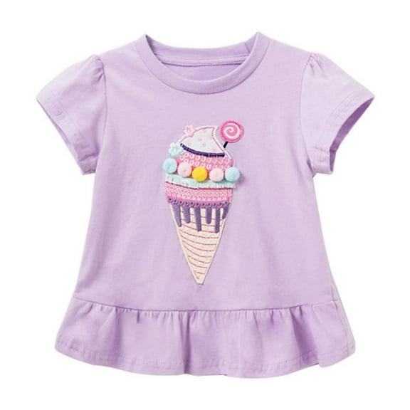 WOYY Big Girls Cute Ruffle T-Shirt Ice-Cream Embroidery Cotton Short Sleeve T Shirt
