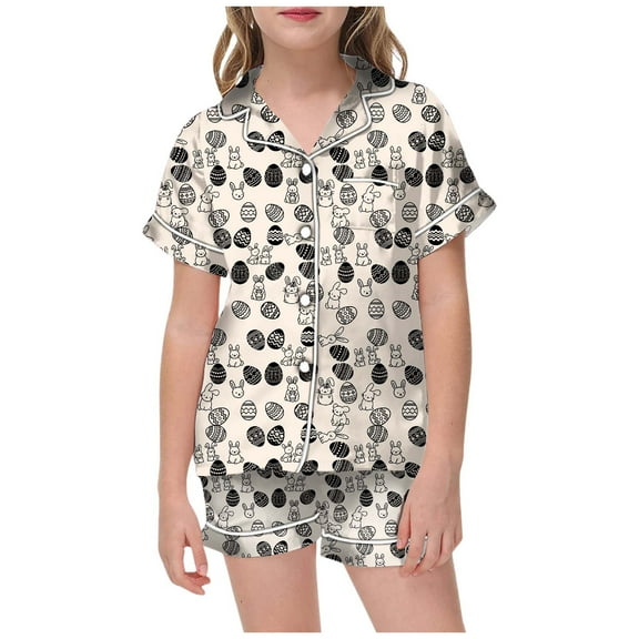 WOYY Toddler Girls Easter Pajamas Short Sleeved Button Sleepwear PJs Loungewear Outfits