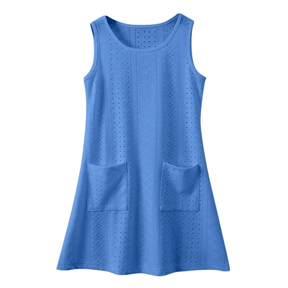 WOYY Toddler Girls Eyelet Sundress Solid Summer Casual Tank Dress with Pocket, Sizes 3-14