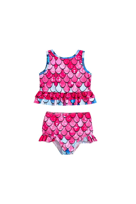 Toddler Girls Fish Scale Print Tankini Swimsuit Ruffle Bathing Suit, Sizes 2-7
