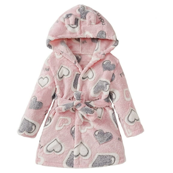 WOYY Toddler Girls Flannel Hooded Bathrobe Kids Cute Cartoon Sleepwear Robe, Sizes 2-3T
