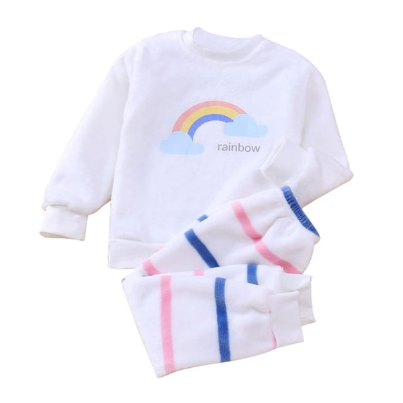 WOYY Toddler Girls Flannel Pajamas Rainbow Print Sweatshirt Pants Sleepwear, Sizes 3-4T