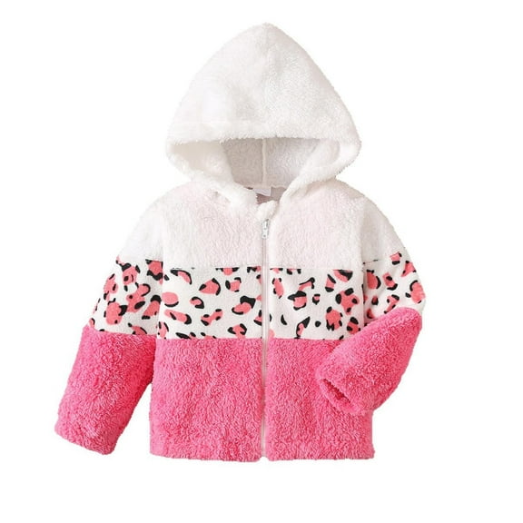 WOYY Toddler Girls Fleece Jacket Leopard Color Block Zip Up Hooded Coat, Sizes 3-4T