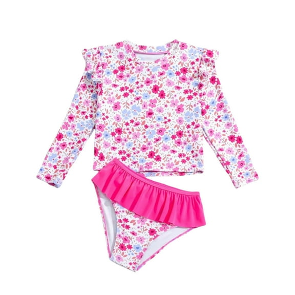 WOYY Toddler Girls Floral Rash Guard Swimsuit Long Sleeve Ruffle Swimwear Bathing Suit