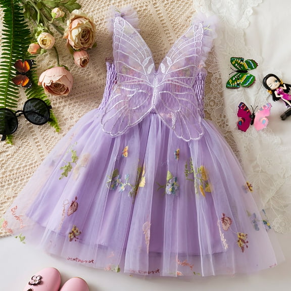 WOYY Toddler Girls Flower Embroidery Tulle Dress Party Princess Dress with Wing, Sizes 6M-5T