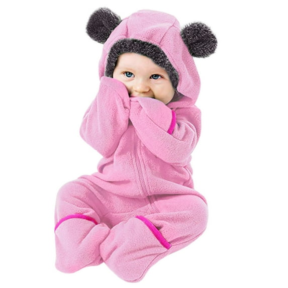 WOYY Toddler Girls Fuzzy Jumpsuit Cartoon Bear Ear Hooded Romper Winter Warm Onesie