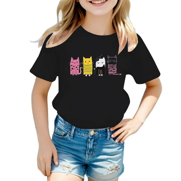 WOYY Toddler Girls Graphic Tee Cartoon Cat Print Cotton Short Sleeved T-Shirt for Kids