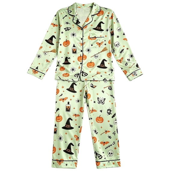 WOYY Toddler Girls Halloween Pajamas Long Sleeve Button Front Shirt Pants Sleepwear Set