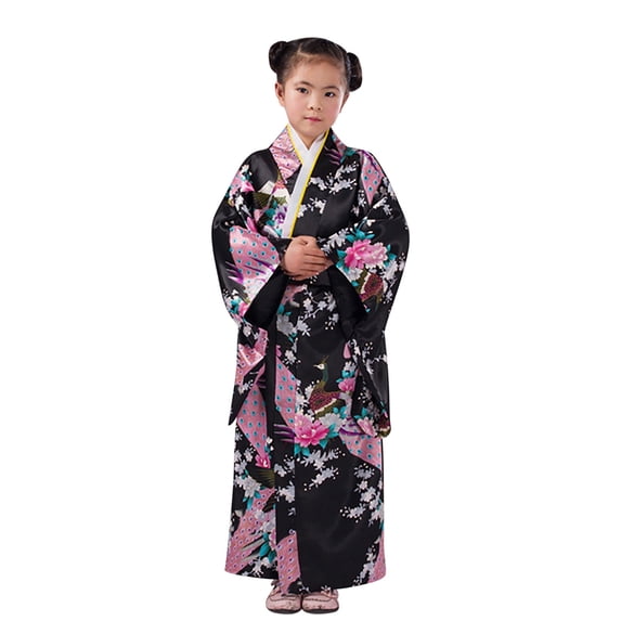 WOYY Toddler Girls Japanese Traditional Kimono Robe Kids Silk Satin Long Sleeve Bathrobe