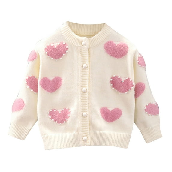WOYY Toddler Girls Knit Sweater Cute Heart Print Cardigan Fall Winter Long Sleeve Coat