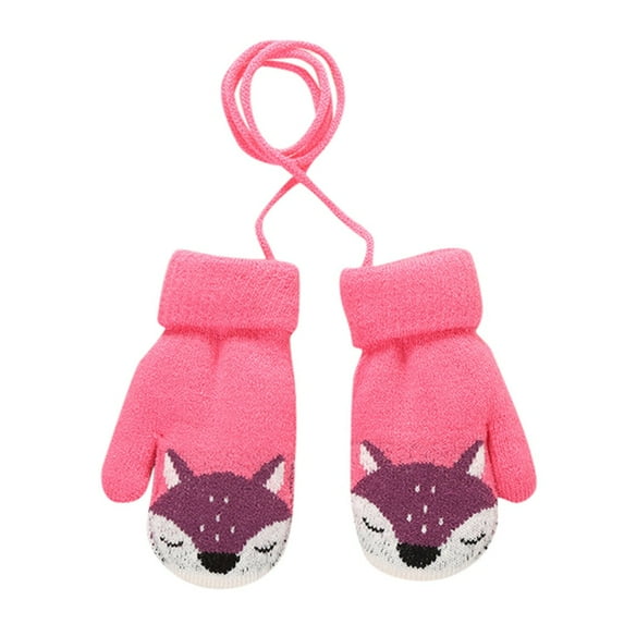 WOYY Toddler Girls Knitted Mittens Cute Cartoon Fox Gloves Winter Thicken Warm Mitten