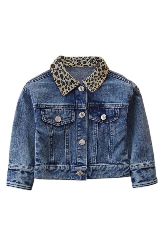 Toddler Girls Leopard Denim Jacket Button Front Long Sleeve Coat Outerwear Shirt