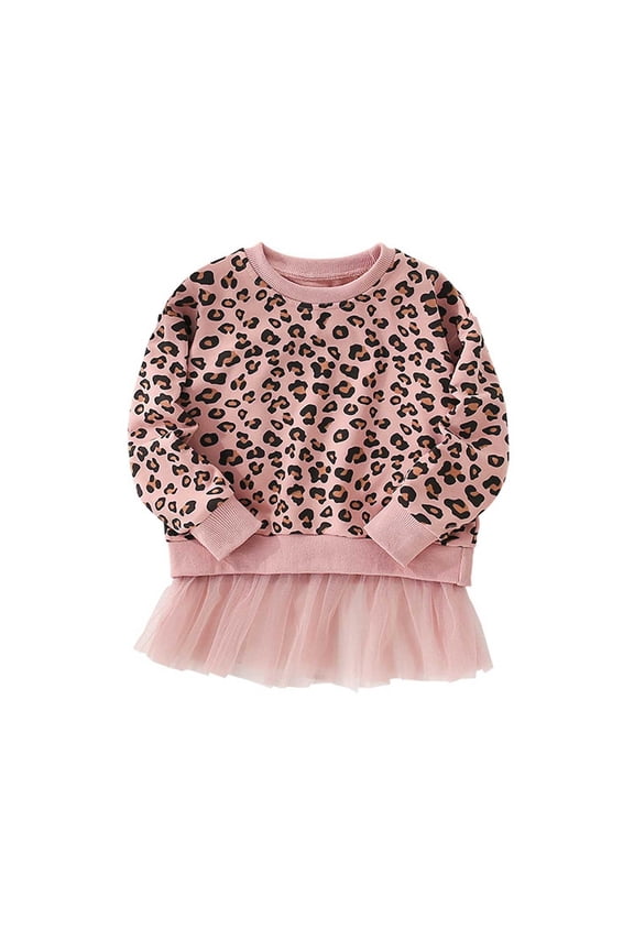 Toddler Girls Leopard Sweatshirt Dress Casual Crewneck Pullover Long Sleeve Top