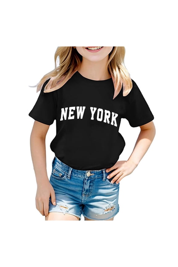 Toddler Girls Letter Print Short Sleeve T-Shirt New York City Crew Neck T Shirt, Sizes 2-14