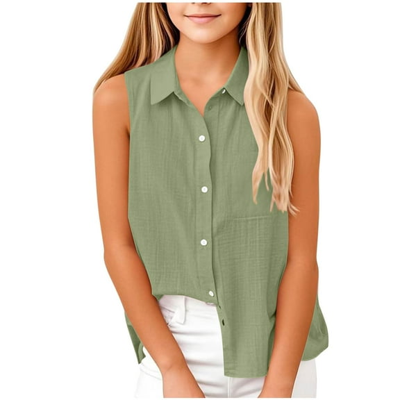 WOYY Toddler Girls Linen Shirt Breathable Casual Sleeveless Button Down Shirt, Sizes 4-16