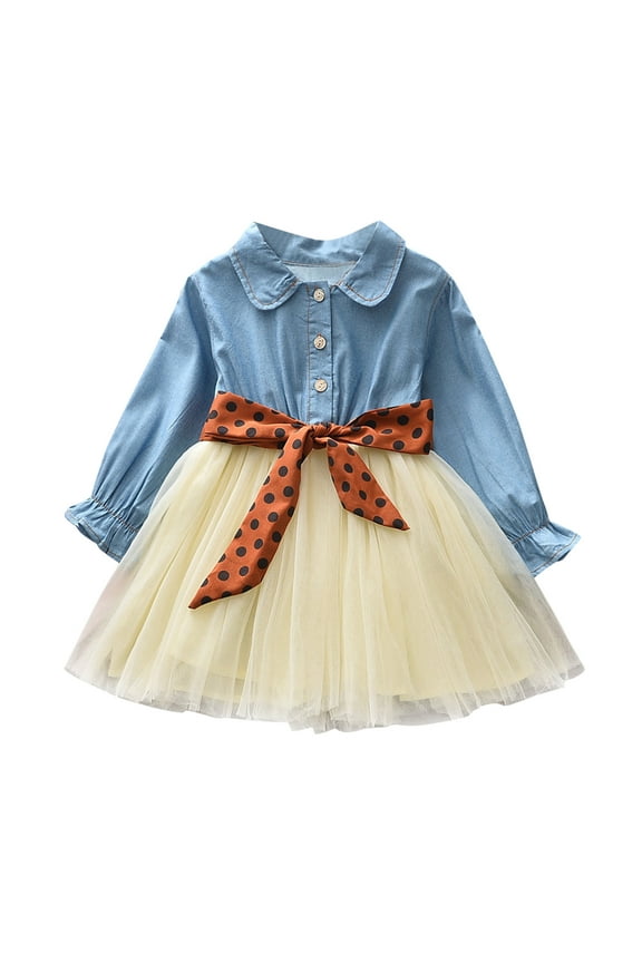 Toddler Girls Long Sleeve Denim Tutu Dress Spring Fall Contrast Tulle Dress, Sizes 3-4