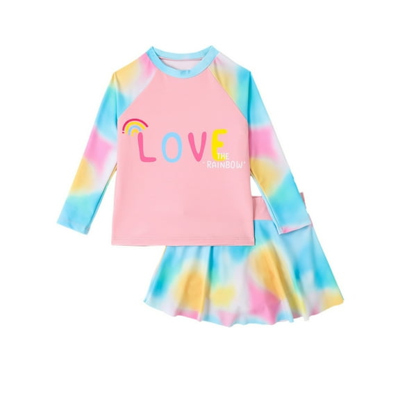 WOYY Toddler Girls Long Sleeve Rash Guard Skirt 2-Piece Swimsuit Swimwear Bathing Suit