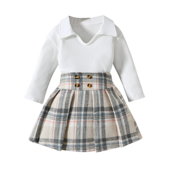 WOYY Toddler Girls Long Sleeve Ribbed T Shirt Button Flannel Plaid Skirt 2Pcs Outfits, Sizes 12M-6Y