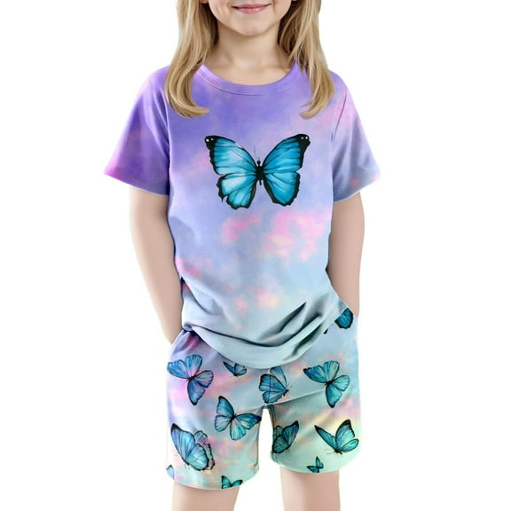 WOYY Toddler Girls Outfit Sets Butterfly Short Sleeve T-Shirt Shorts Set, Sizes 3-4T