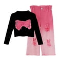 thumbnail image 1 of WOYY Toddler Girls Outfits Trendy Bow Long Sleeve T-Shirt Ripped Jeans Set for Kids, Sizes 4-5, 1 of 3