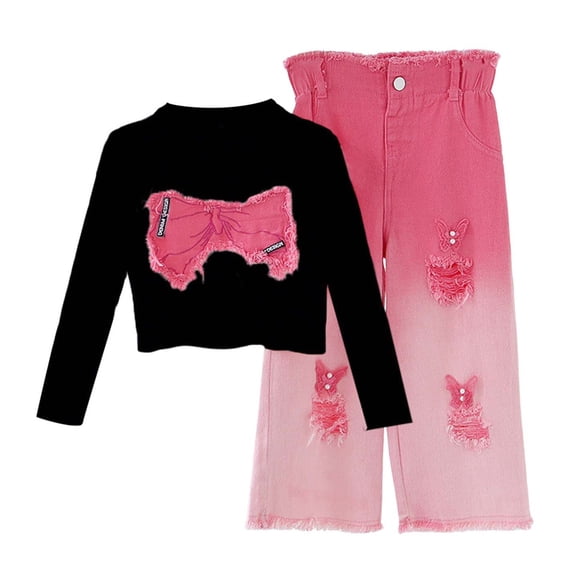 WOYY Toddler Girls Outfits Trendy Bow Long Sleeve T-Shirt Ripped Jeans Set for Kids, Sizes 4-5