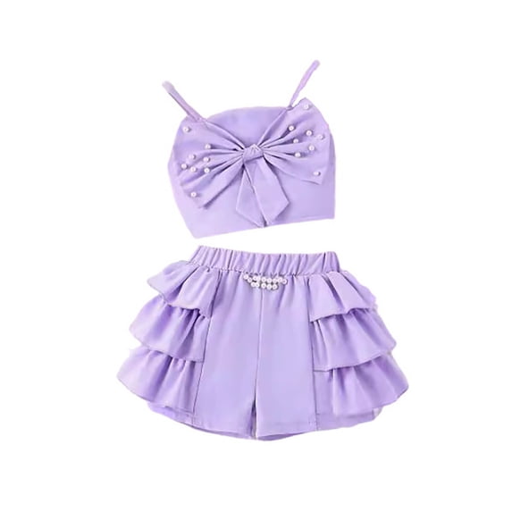 WOYY Toddler Girls Outfits Bow Spaghetti Strap Camisole Ruffles Shorts Set, Sizes 3-4T