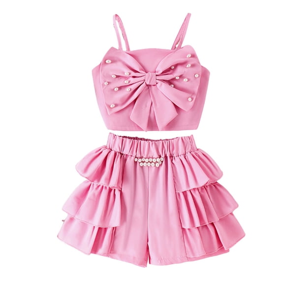 WOYY Toddler Girls Outfits Bow Spaghetti Strap Camisole Ruffles Shorts Set, Sizes 3-4T