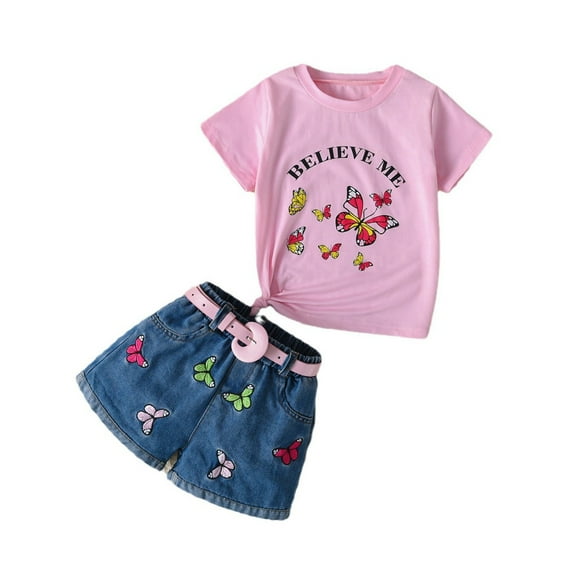 WOYY Toddler Girls Outfits Butterfly Letter Print Short Sleeve T-Shirt Denim Shorts Set, Sizes 2-3T
