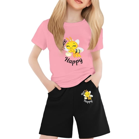 WOYY Toddler Girls Outfits Cartoon Bee Print Short Sleeve T Shirt Shorts Set, Sizes 2-13