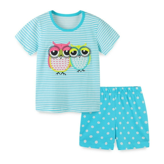 WOYY Toddler Girls Outfits Cartoon Owl Print Striped Short Sleeve T-Shirt Shorts Set, Sizes 2-3Y