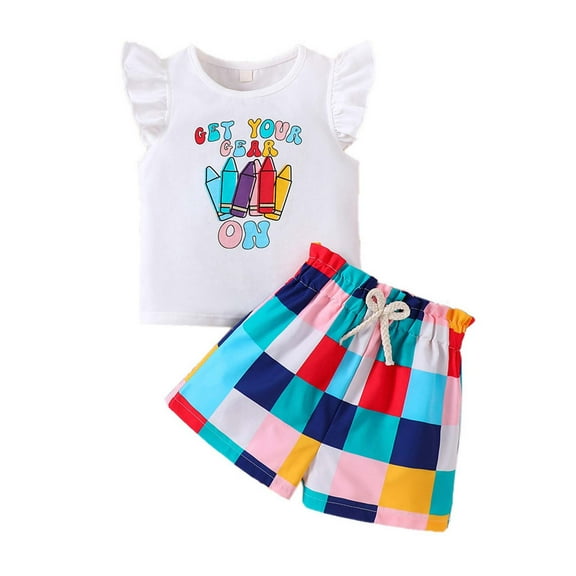 WOYY Toddler Girls Outfits Flutter Sleeve Crayon Print T-Shirt Shorts Set, Sizes 2-3T