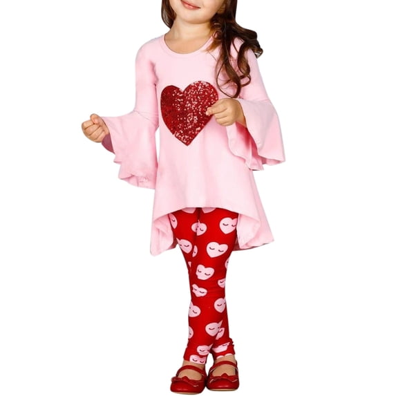 WOYY Toddler Girls Outfits Heart Print Irregular Dress with Leggings, Sizes 2-3