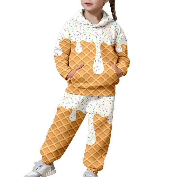 WOYY Toddler Girls Outfits Ice Cream Print Hoodie Sweatshirt Joggers Set, Sizes 3-4T