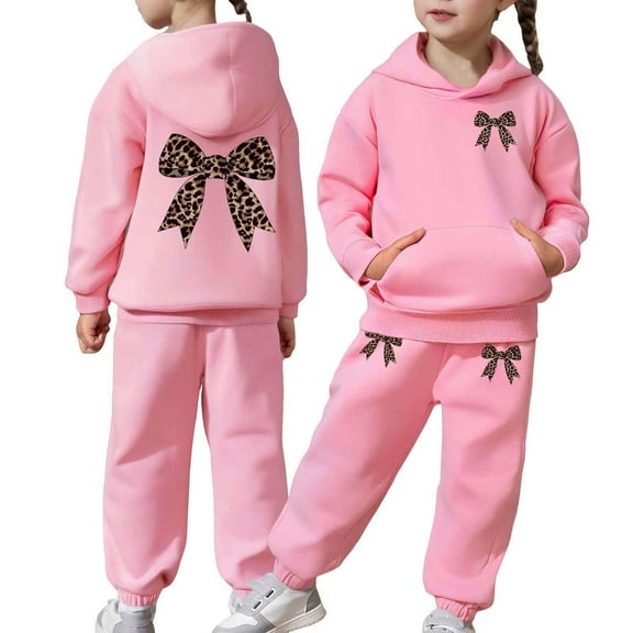 WOYY Toddler Girls' Outfits Leopard Bow Print Hoodie Sweatpants Sweatsuits, Sizes 4-5T