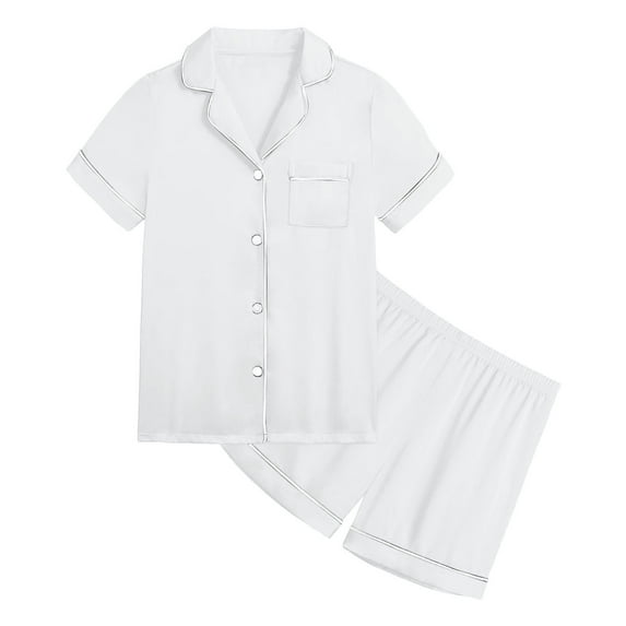 WOYY Toddler Girls Outfits Solid Short Sleeve Button Shirt Shorts Sleepwear Set for Kids, Sizes 4-5T