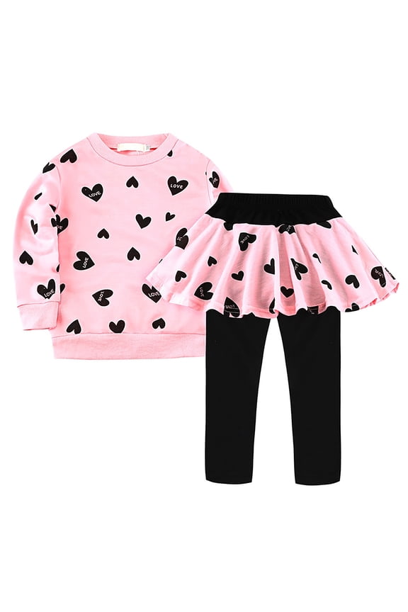 Toddler Girls Outfits Valentine's Day Outfit Hearts Print Sweatshirt Legging Skirt Set, Sizes 3-4T