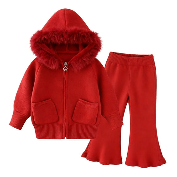 WOYY Toddler Girls Outfits Zip Up Hoodie with Faux Fur Hood Flare Pants Set, Sizes 1-2T