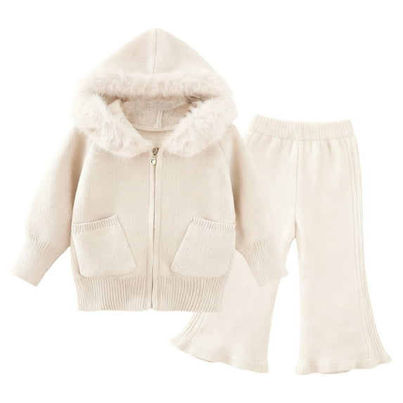 WOYY Toddler Girls Outfits Zip Up Hoodie with Faux Fur Hood Flare Pants Set, Sizes 1-2T