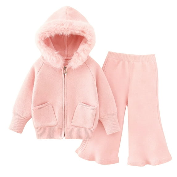 WOYY Toddler Girls Outfits Zip Up Hoodie with Faux Fur Hood Flare Pants Set, Sizes 4-5T