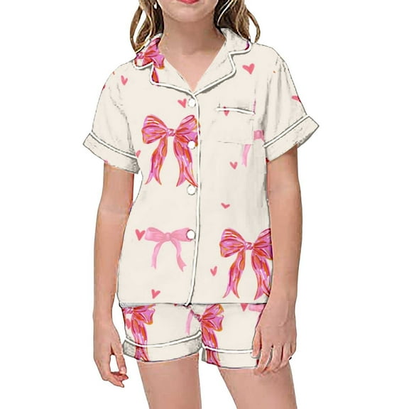 WOYY Toddler Girls Pajama Set Bow Print Button-Down Sleepwear Short Sleeve Homewear Pjs